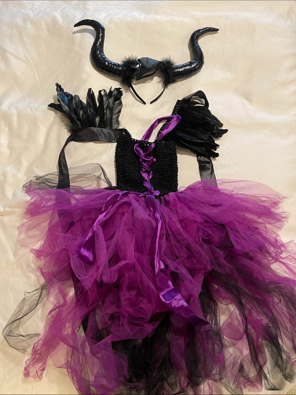 Girls' Purple and Black Tulle Maleficent-Style Costume with Horn Headband